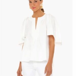 Pomander Place White Split-Neck Flutter Sleeve Blouse